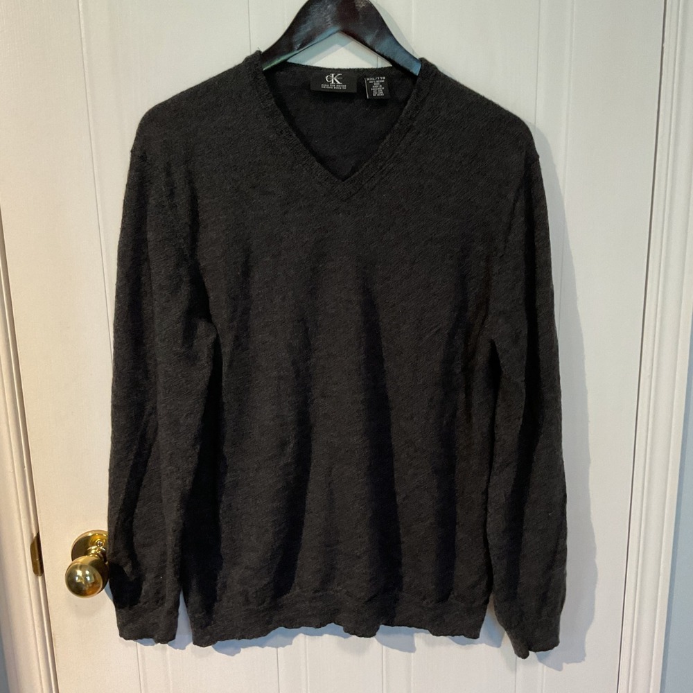 Calvin Klein V-Neck Sweater Mens XXL Gray Excellent Merino Wool Knit Pullover